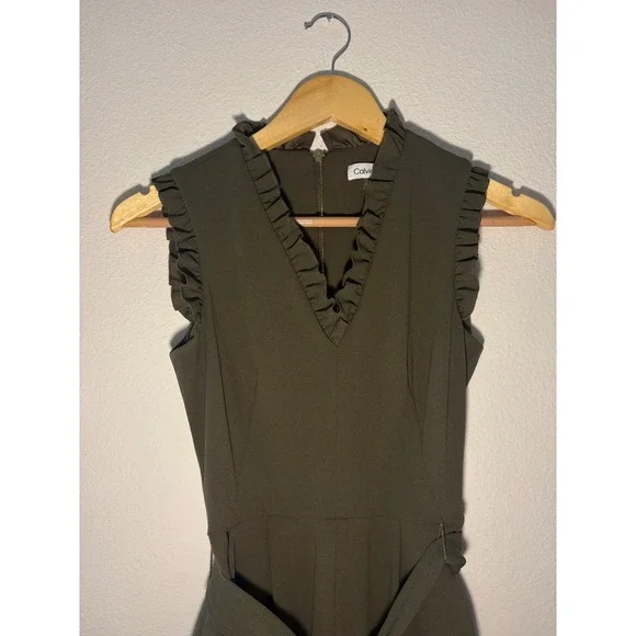 Calvin Klein Womens Ruffle V-Neck Wide Leg Jumpsuit Olive Green Size 2 Belted - Picture 2 of 9